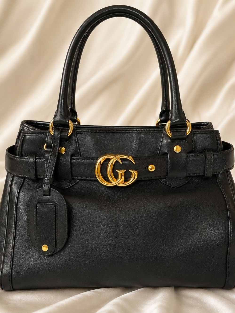 AUTHENTIC Gucci Black Leather Running Satchel with Gold Double G Buckle